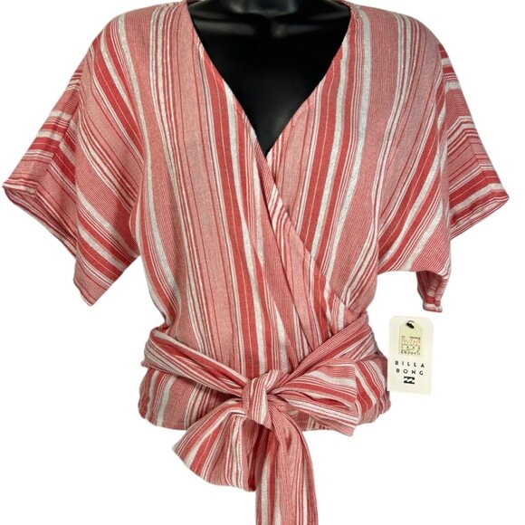 BILLABONG Local Shores Wrap Top Sz M Red White Striped Waist Tie Cotton Rayon - Picture 6 of 14